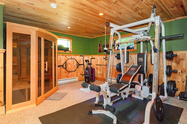 53 Vista Ln, Port Jervis, NY 12771 - exercise area featuring a baseboard heating unit, wainscoting, baseboard heating, carpet flooring, and wooden ceiling