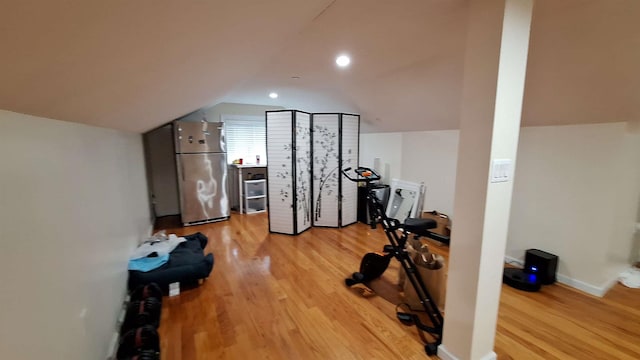 32-37 214th Sts, Bayside, NY 11361 - workout area with light wood-style flooring, lofted ceiling, and recessed lighting