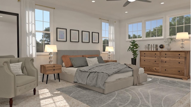 100 Rogers Unit 1001, Westhampton Beach, NY 11978 - bedroom featuring multiple windows, recessed lighting, carpet flooring, and a ceiling fan