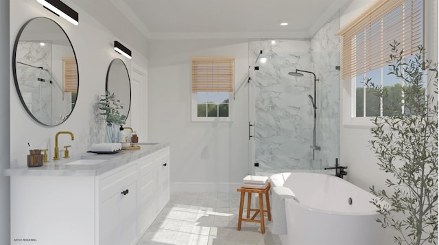 100 Rogers Unit 1001, Westhampton Beach, NY 11978 - bathroom with a soaking tub, double vanity, a marble finish shower, crown molding, and marble finish flooring