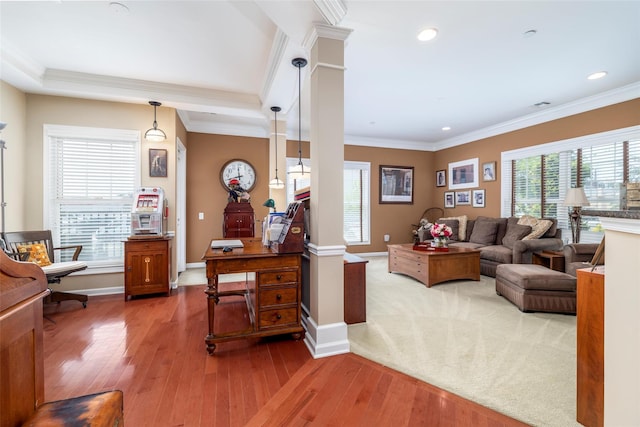 77 Maple Ave Unit 101, Rockville Centre, NY 11570 - living room featuring light wood-type flooring, crown molding, baseboards, and recessed lighting