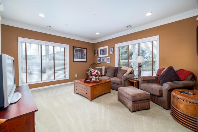 77 Maple Ave Unit 101, Rockville Centre, NY 11570 - living area with crown molding, light colored carpet, recessed lighting, and baseboards