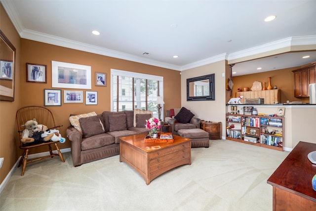 77 Maple Ave Unit 101, Rockville Centre, NY 11570 - living room with light colored carpet, ornamental molding, recessed lighting, and baseboards