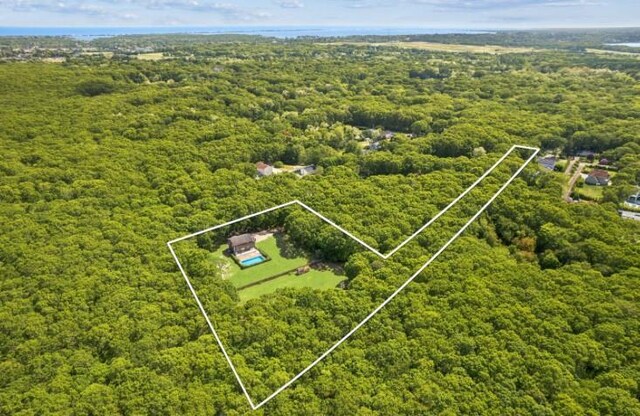 484 N Magee St, Southampton, NY 11968 - aerial overview of property's location with property parcel outlined and a heavily wooded area