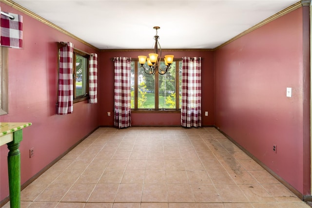 94 E Way, Mount Kisco, NY 10549 - unfurnished dining area with a chandelier, ornamental molding, and light tile patterned flooring