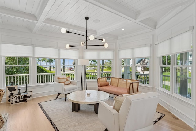 41 Landing Ln, East Quogue, NY 11942 - sunroom with coffered ceiling, beamed ceiling, wood finished floors, and a chandelier