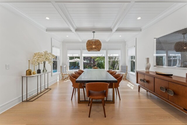 41 Landing Ln, East Quogue, NY 11942 - dining space featuring a chandelier, light wood-style flooring, beamed ceiling, coffered ceiling, and recessed lighting