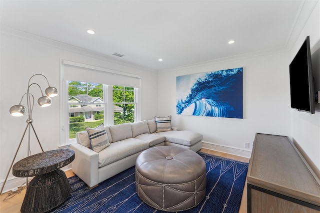 41 Landing Ln, East Quogue, NY 11942 - living room featuring wood finished floors, crown molding, recessed lighting, and baseboards
