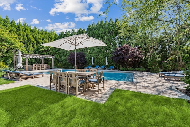 41 Landing Ln, East Quogue, NY 11942 - swimming pool featuring a pergola, a lawn, and a patio