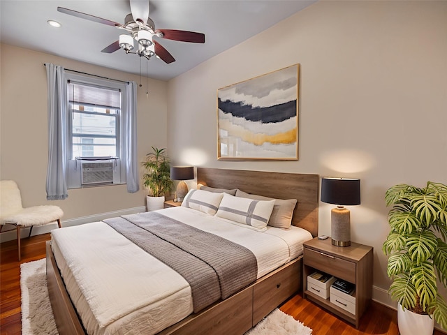 1840 21st Dr, Astoria, NY 11105 - bedroom featuring wood finished floors, baseboards, cooling unit, a ceiling fan, and recessed lighting