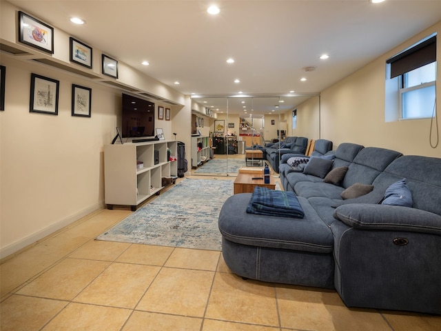 1840 21st Dr, Astoria, NY 11105 - living area featuring recessed lighting, light tile patterned floors, and baseboards