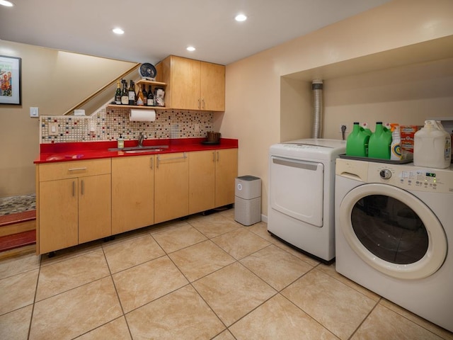 1840 21st Dr, Astoria, NY 11105 - laundry area with separate washer and dryer, cabinet space, recessed lighting, light tile patterned floors, and wet bar