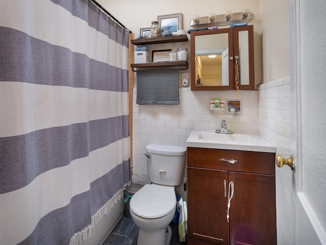 1840 21st Dr, Astoria, NY 11105 - bathroom with toilet, vanity, tile walls, and a shower with shower curtain