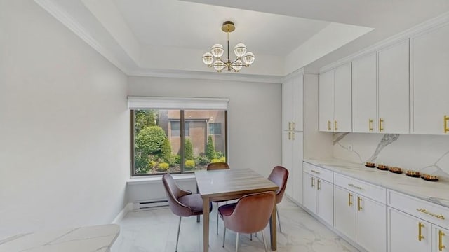 14 Acorn Ponds Dr Unit 14, Roslyn, NY 11576 - dining space featuring light marble finish flooring, a chandelier, and baseboard heating