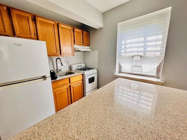 216-04 47th Ave Unit 1A, Bayside, NY 11361 - kitchen featuring white appliances, a sink, under cabinet range hood, decorative backsplash, and brown cabinetry