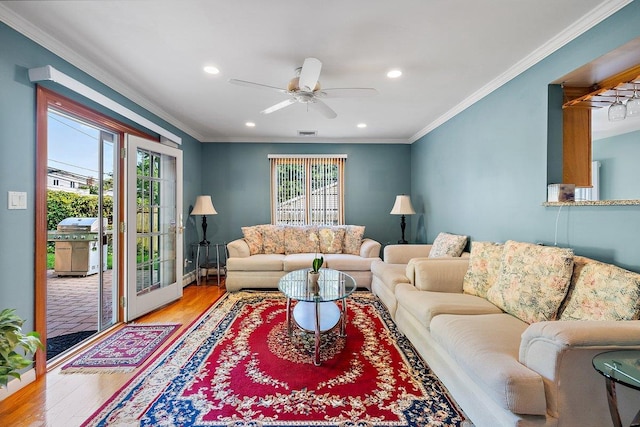 25 Glacier Dr, Smithtown, NY 11787 - living area with wood finished floors, ceiling fan, crown molding, and recessed lighting