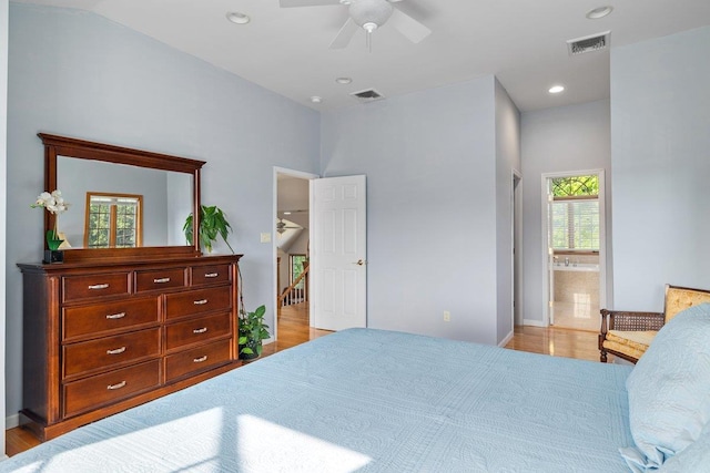 25 Glacier Dr, Smithtown, NY 11787 - bedroom featuring wood finished floors, ensuite bath, recessed lighting, baseboards, and ceiling fan