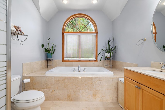 25 Glacier Dr, Smithtown, NY 11787 - full bathroom featuring vanity, toilet, a garden tub, and lofted ceiling