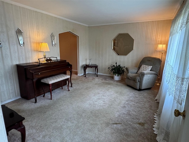 510 7th St, West Hempstead, NY 11552 - living area with wallpapered walls, arched walkways, carpet flooring, and ornamental molding