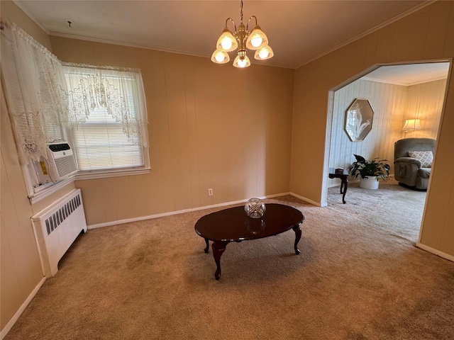 510 7th St, West Hempstead, NY 11552 - living area featuring radiator heating unit, carpet flooring, a chandelier, crown molding, and cooling unit