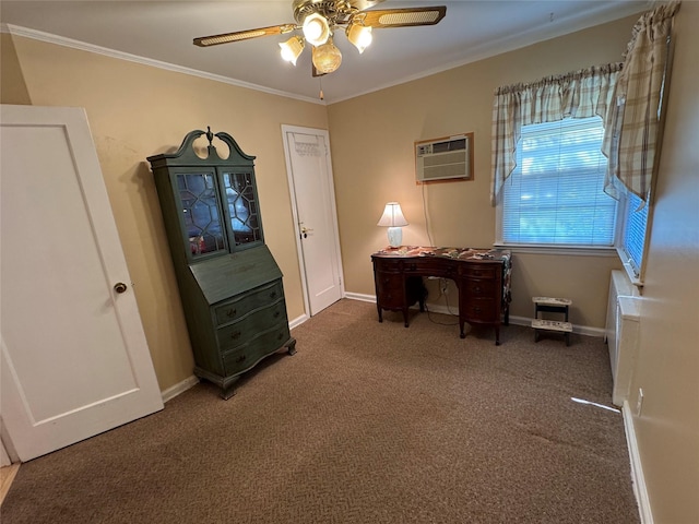 510 7th St, West Hempstead, NY 11552 - carpeted office space with ceiling fan, crown molding, a wall unit AC, and baseboards
