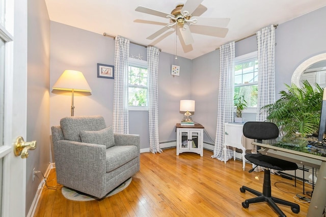 96 N Howells Point Rd, Bellport Village, NY 11713 - office area with light wood finished floors, ceiling fan, baseboards, and a baseboard heating unit