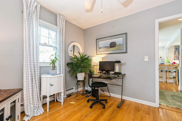 96 N Howells Point Rd, Bellport Village, NY 11713 - home office featuring hardwood / wood-style floors, baseboards, a ceiling fan, and baseboard heating