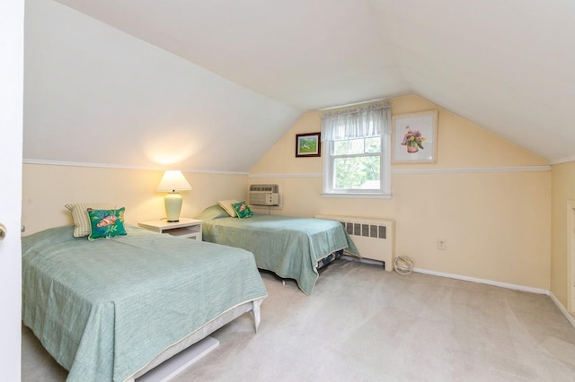 96 N Howells Point Rd, Bellport Village, NY 11713 - carpeted bedroom with radiator heating unit, a wall mounted air conditioner, vaulted ceiling, and baseboards