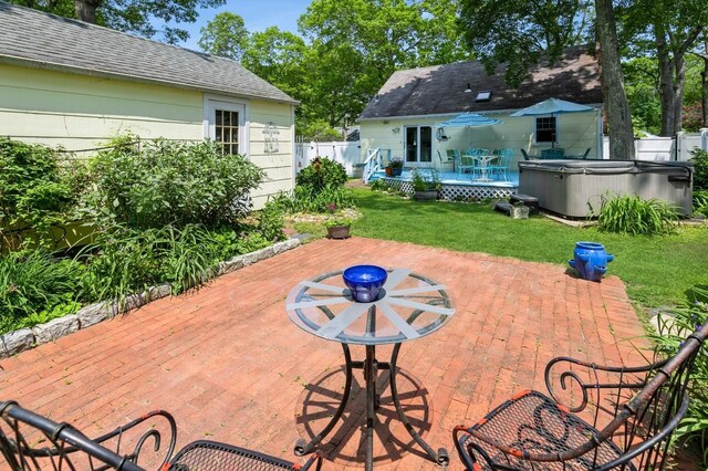 96 N Howells Point Rd, Bellport Village, NY 11713 - view of patio / terrace featuring a hot tub and a deck