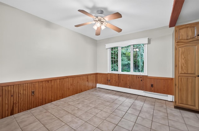 69 Crafts Rd, Carmel, NY 10512 - empty room featuring a wainscoted wall, a baseboard radiator, wood walls, and ceiling fan