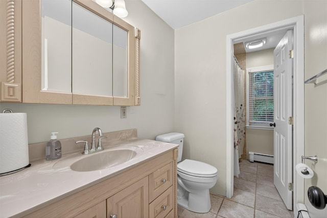 69 Crafts Rd, Carmel, NY 10512 - full bathroom featuring a baseboard heating unit, vanity, tile patterned floors, and a shower with shower curtain