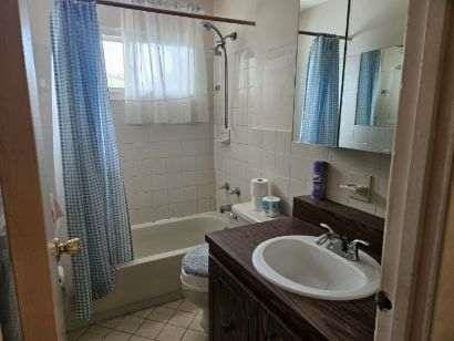 209 Loop Dr, Sayville, NY 11782 - full bath featuring shower / tub combo with curtain, vanity, and tile patterned floors