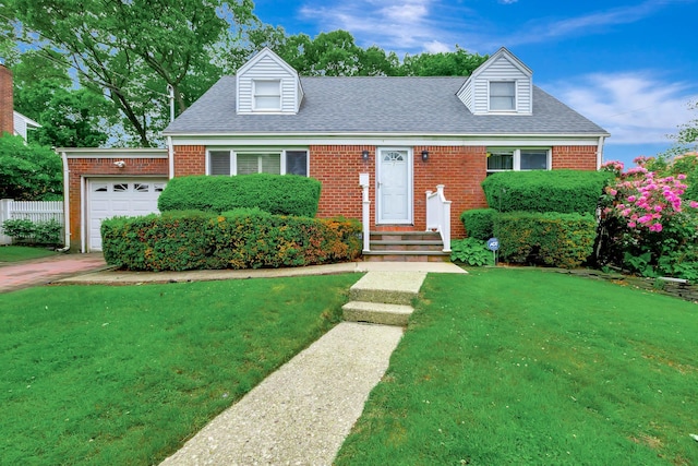 7 Dawn Dr, East Northport, NY 11731 - cape cod house featuring brick siding, an attached garage, a shingled roof, and a front yard