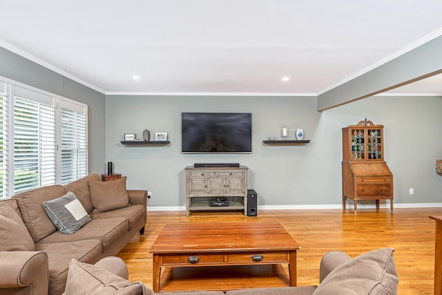 7 Dawn Dr, East Northport, NY 11731 - living room featuring light wood-style flooring, ornamental molding, baseboards, and recessed lighting