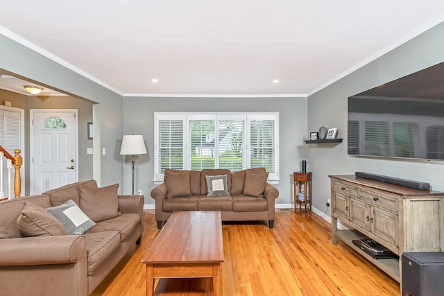 7 Dawn Dr, East Northport, NY 11731 - living room with light wood-style floors, baseboards, ornamental molding, and recessed lighting