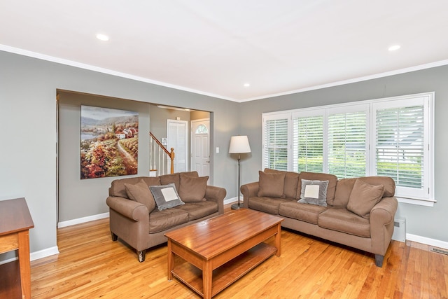 7 Dawn Dr, East Northport, NY 11731 - living area with light wood-style flooring, baseboards, ornamental molding, recessed lighting, and stairway