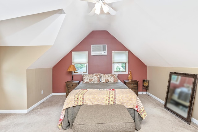 7 Dawn Dr, East Northport, NY 11731 - carpeted bedroom with a wall mounted air conditioner, baseboards, ceiling fan, and vaulted ceiling