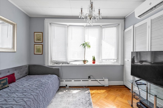 48-46 206th St Unit 2, Bayside, NY 11364 - bedroom with a wall mounted air conditioner, baseboard heating, a chandelier, crown molding, and baseboards
