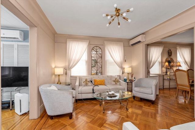 48-46 206th St Unit 2, Bayside, NY 11364 - living room with a wall mounted air conditioner and a chandelier