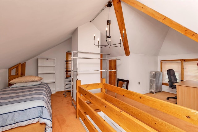 48-46 206th St Unit 2, Bayside, NY 11364 - bedroom with vaulted ceiling, a desk, light carpet, baseboards, and a chandelier