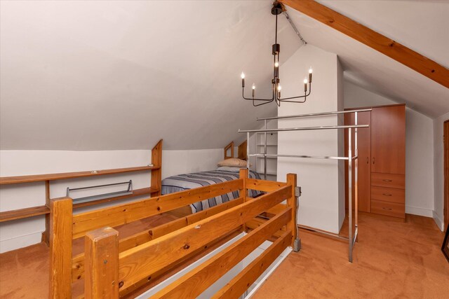 48-46 206th St Unit 2, Bayside, NY 11364 - bedroom featuring carpet flooring, lofted ceiling, and a chandelier
