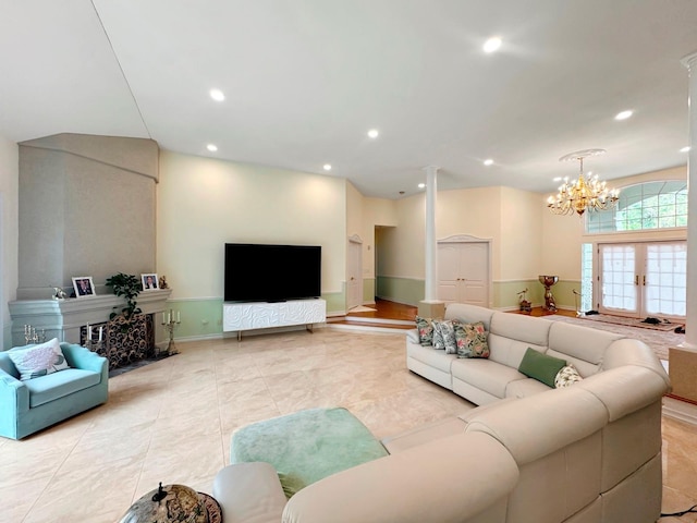 91 Harbor Rd, Head Of The Harbor, NY 11780 - living room with recessed lighting, light tile patterned floors, and a chandelier
