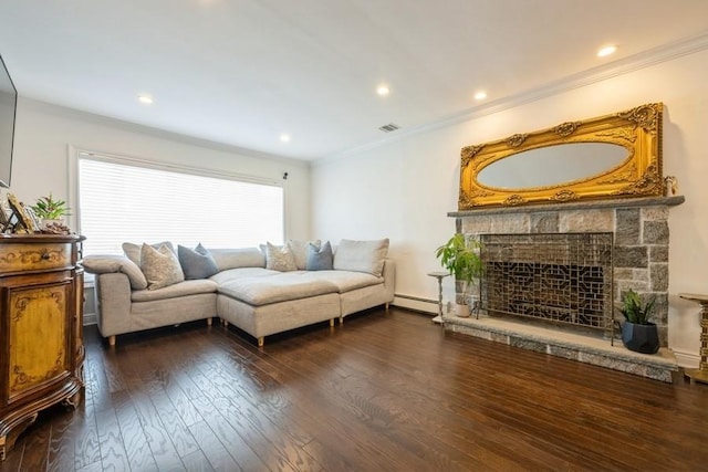 696 Byron Ave, Franklin Square, NY 11010 - living area with a baseboard heating unit, healthy amount of natural light, dark wood-style flooring, ornamental molding, and a stone fireplace