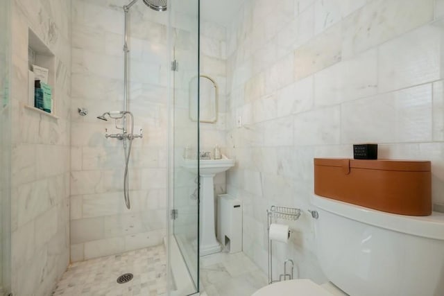 696 Byron Ave, Franklin Square, NY 11010 - full bathroom with a stall shower, toilet, and tile walls