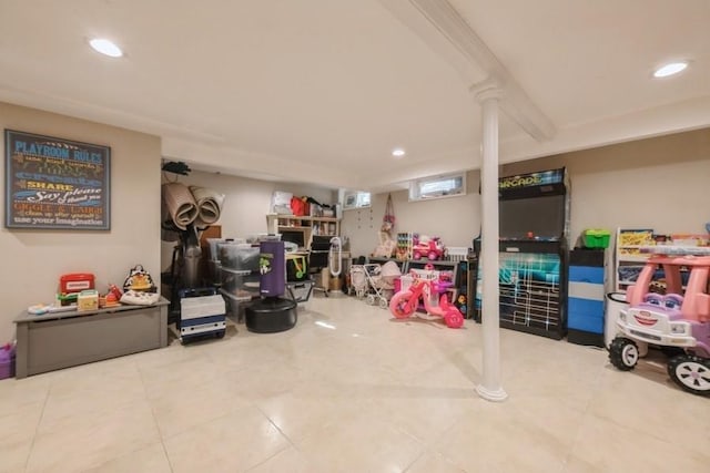 696 Byron Ave, Franklin Square, NY 11010 - below grade area featuring tile patterned floors and recessed lighting