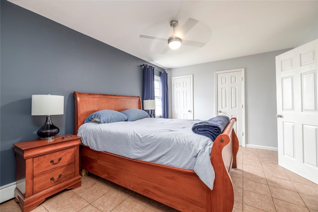 721 E Walnut St, Long Beach, NY 11561 - bedroom featuring light tile patterned floors, two closets, ceiling fan, and baseboards