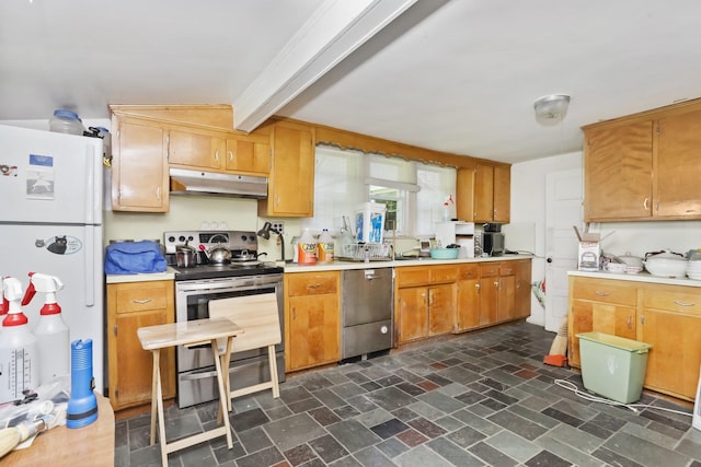 3868 Indian Hill Rd, Shrub Oak, NY 10588 - kitchen with stainless steel appliances, under cabinet range hood, light countertops, and beam ceiling