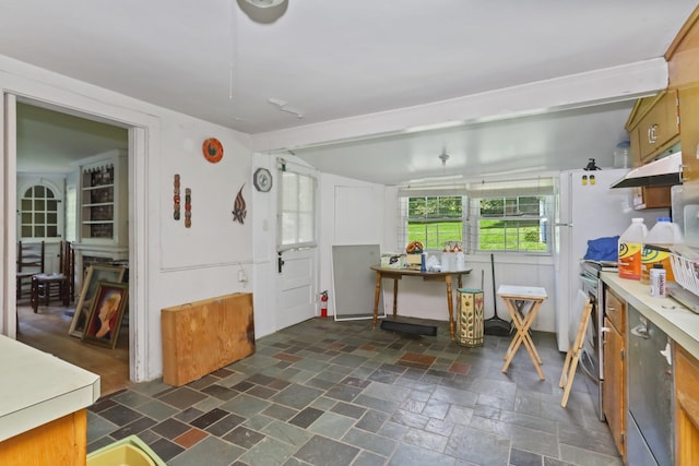 3868 Indian Hill Rd, Shrub Oak, NY 10588 - kitchen with under cabinet range hood, light countertops, and electric range