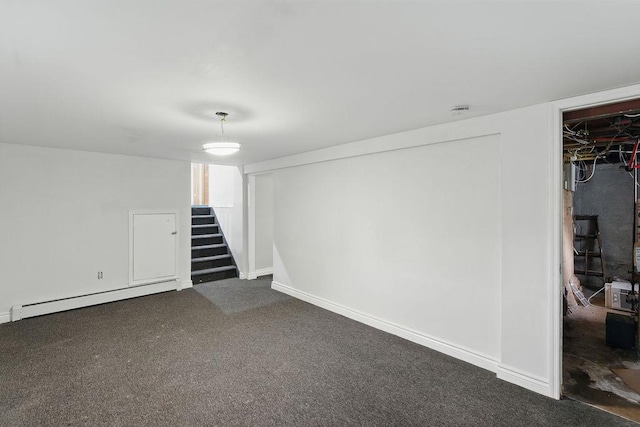 73 Fox Pl, Hicksville, NY 11801 - finished basement with stairway, a baseboard radiator, carpet flooring, and baseboards