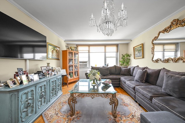 211-40 18th Ave Unit 4A, Bayside, NY 11360 - living area with light wood finished floors, crown molding, plenty of natural light, a chandelier, and cooling unit